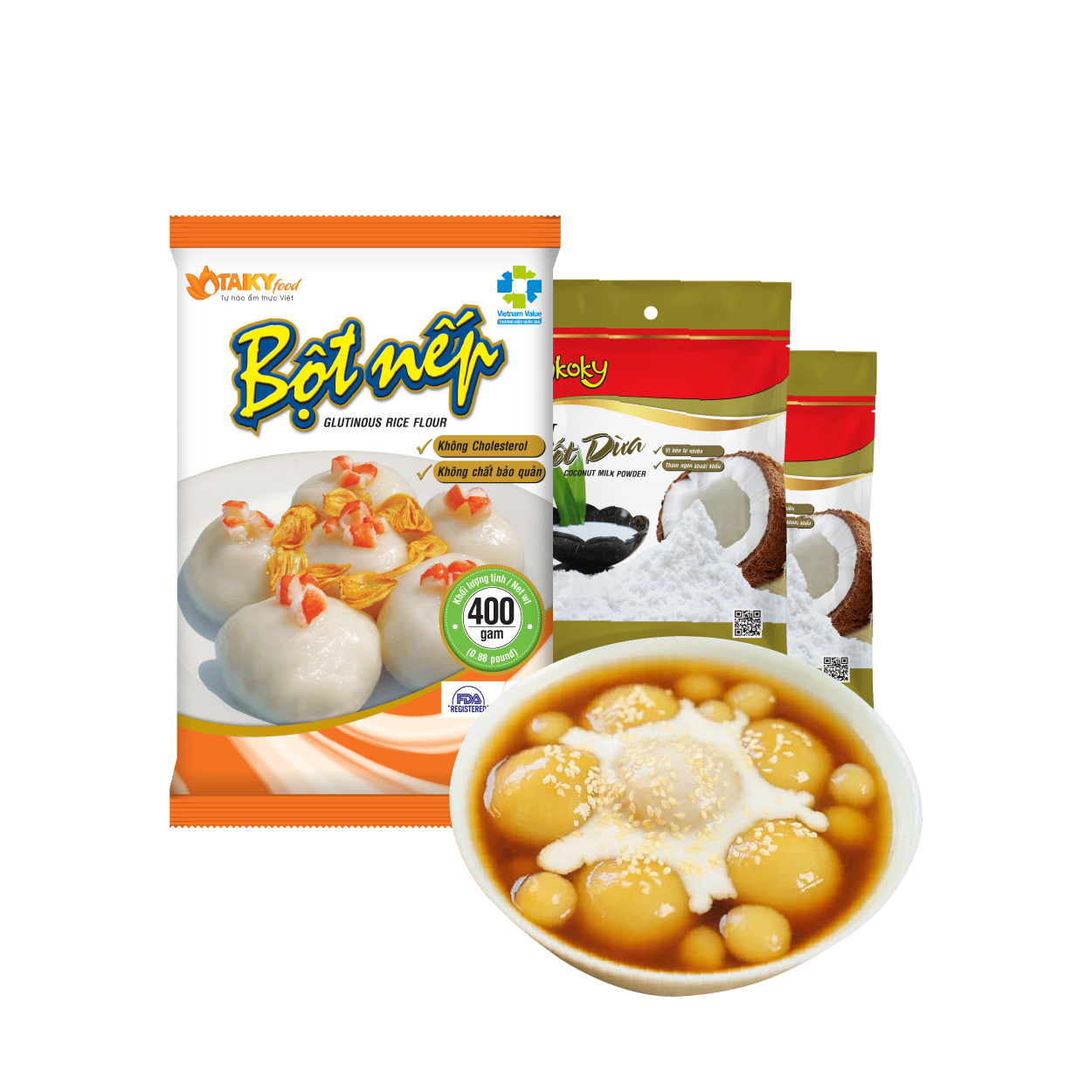 Combo bột nếp 400g và 2 gói bột cốt dừa Tài Ký 50g (bánh trôi nước)