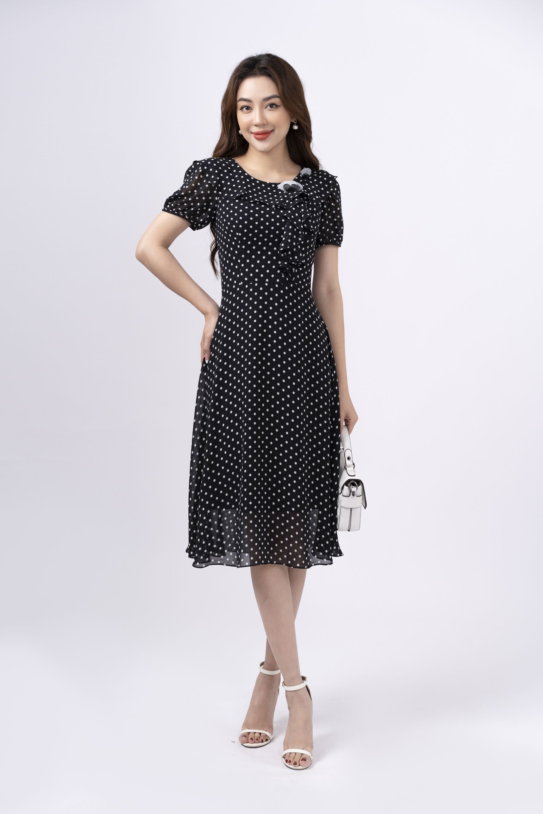 Đầm xòe chấm bi trái tim phối đai eo KK140-25 | Thời trang công sở K&K  Fashion