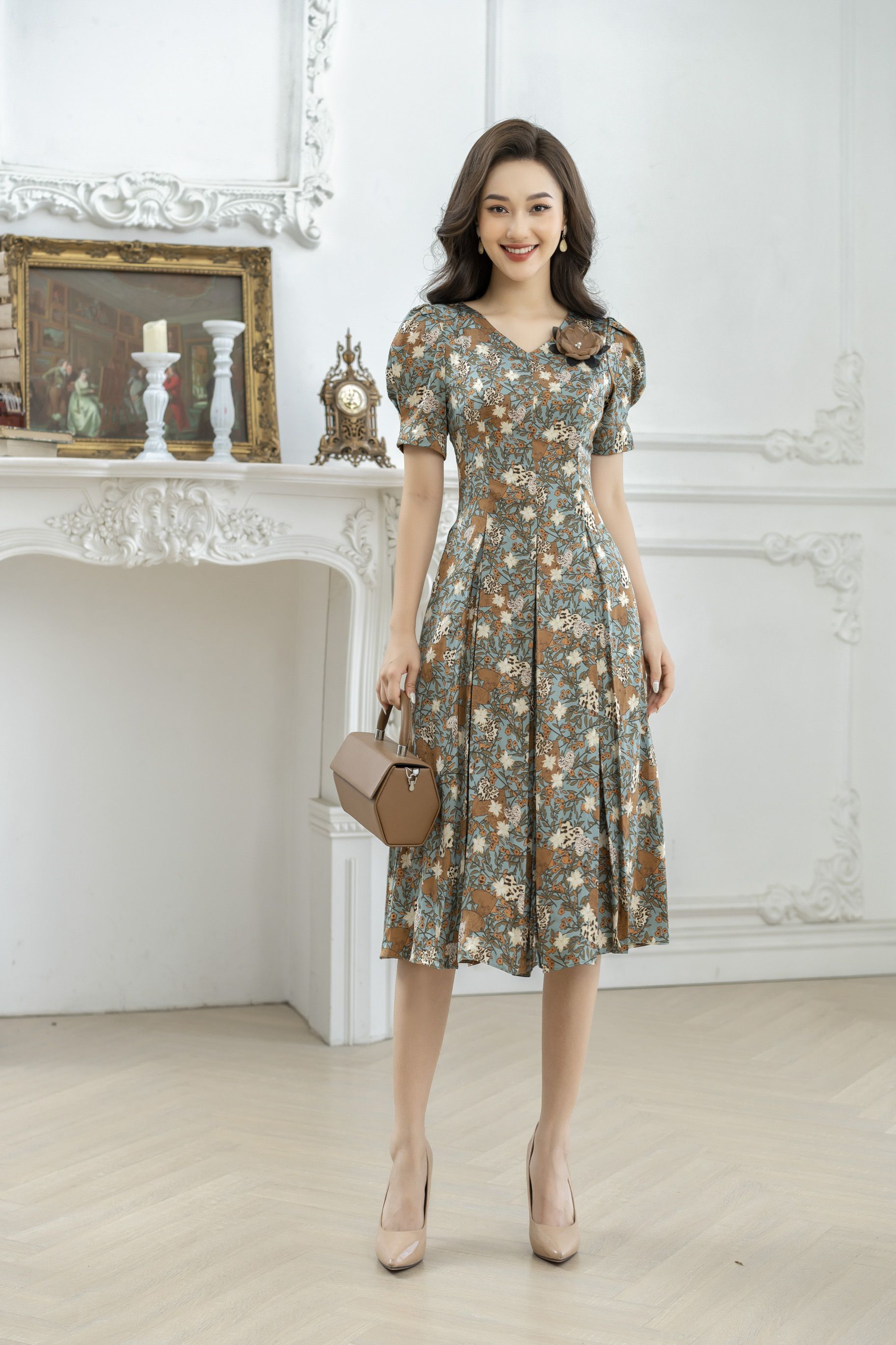 Đầm xòe hai dây họa tiết hoa HL15-35 | Thời trang công sở K&K Fashion