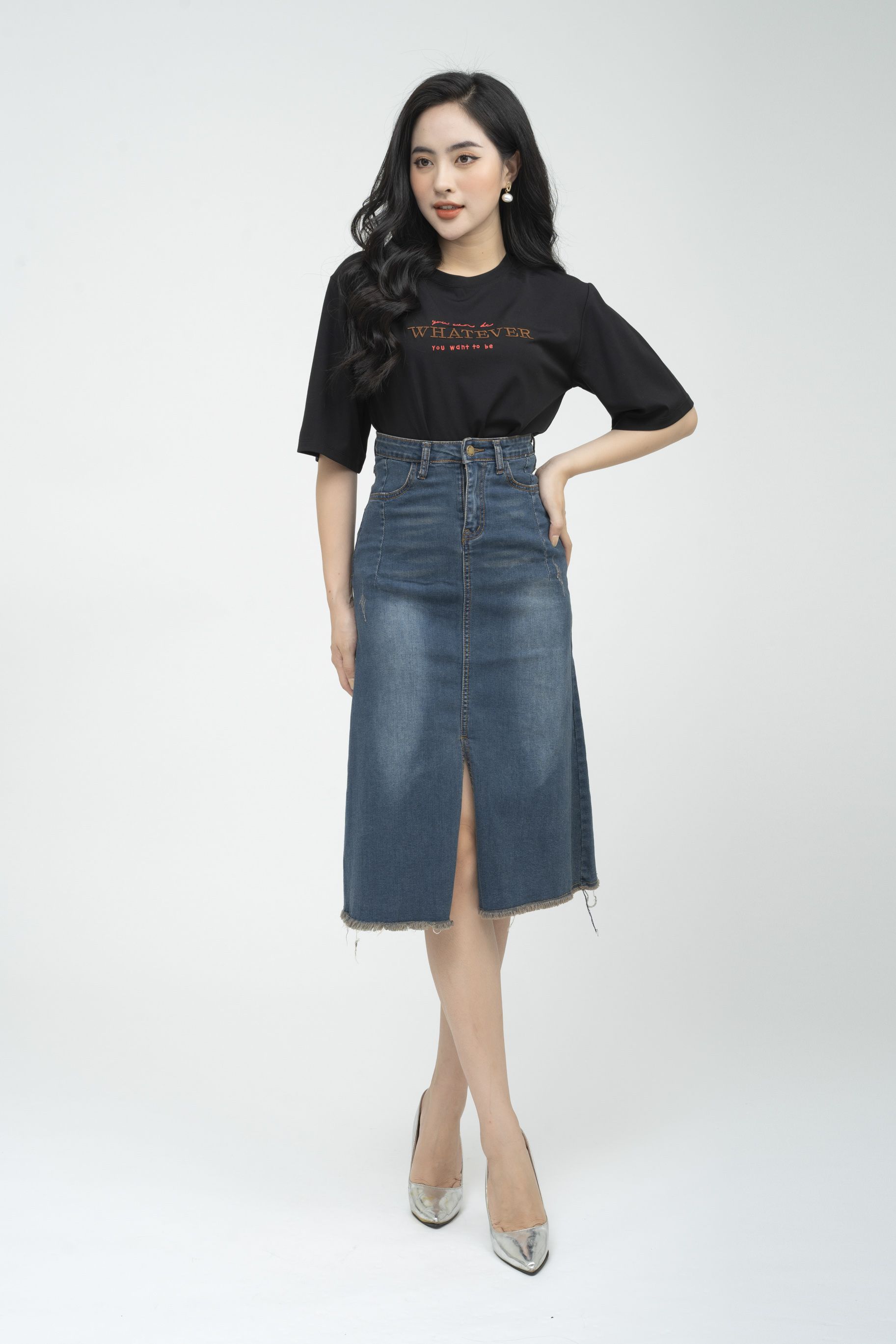 D1820 : Set bộ công sở Hàn Quốc áo tay phồng + Chân váy xẻ trước -  yishop.com.vn
