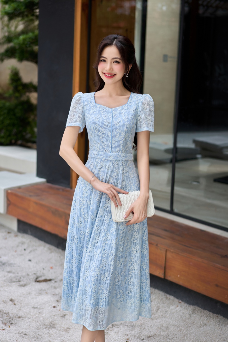 Đầm Soa Rê Đầm ren dáng xòe, cổ vuông, kẹp dây lé phối màu
