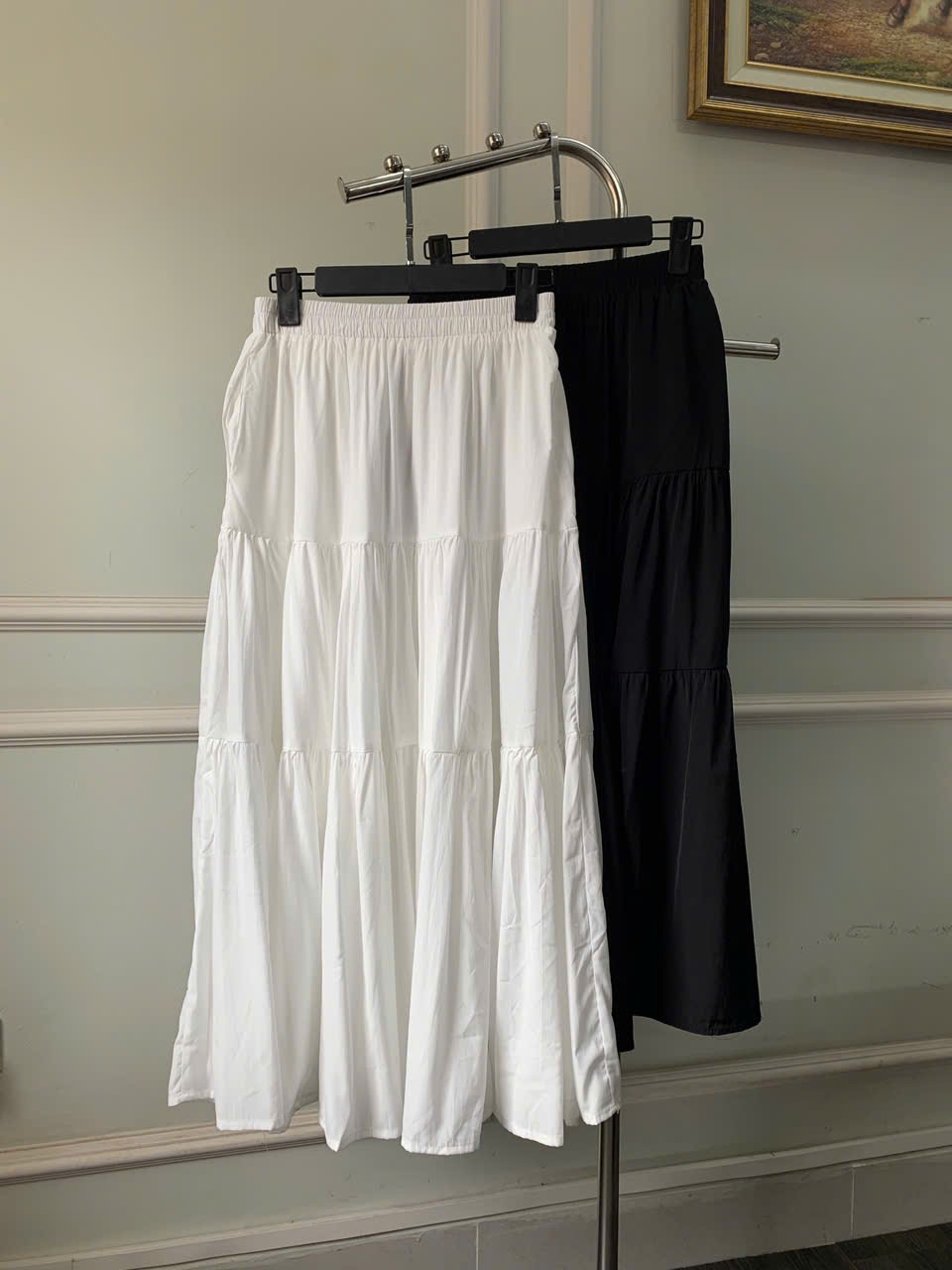 Chân váy dáng xòe, may can tầng, dúm chân cạp, cạp chun, Freesize