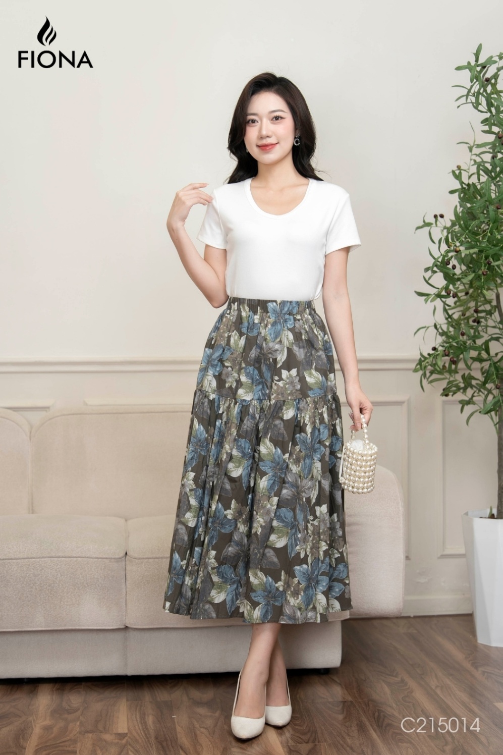 Chân váy hoa dáng xòe, tùng váy dúm nhẹ, cạp chun, Freesize