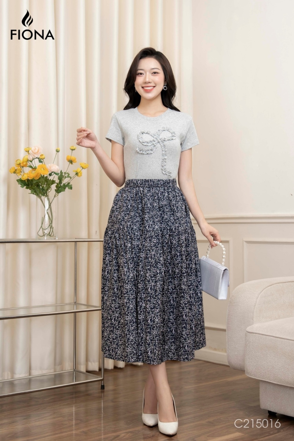Chân váy hoa nhí dáng xòe, cạp chun, tùng váy may can, Freesize