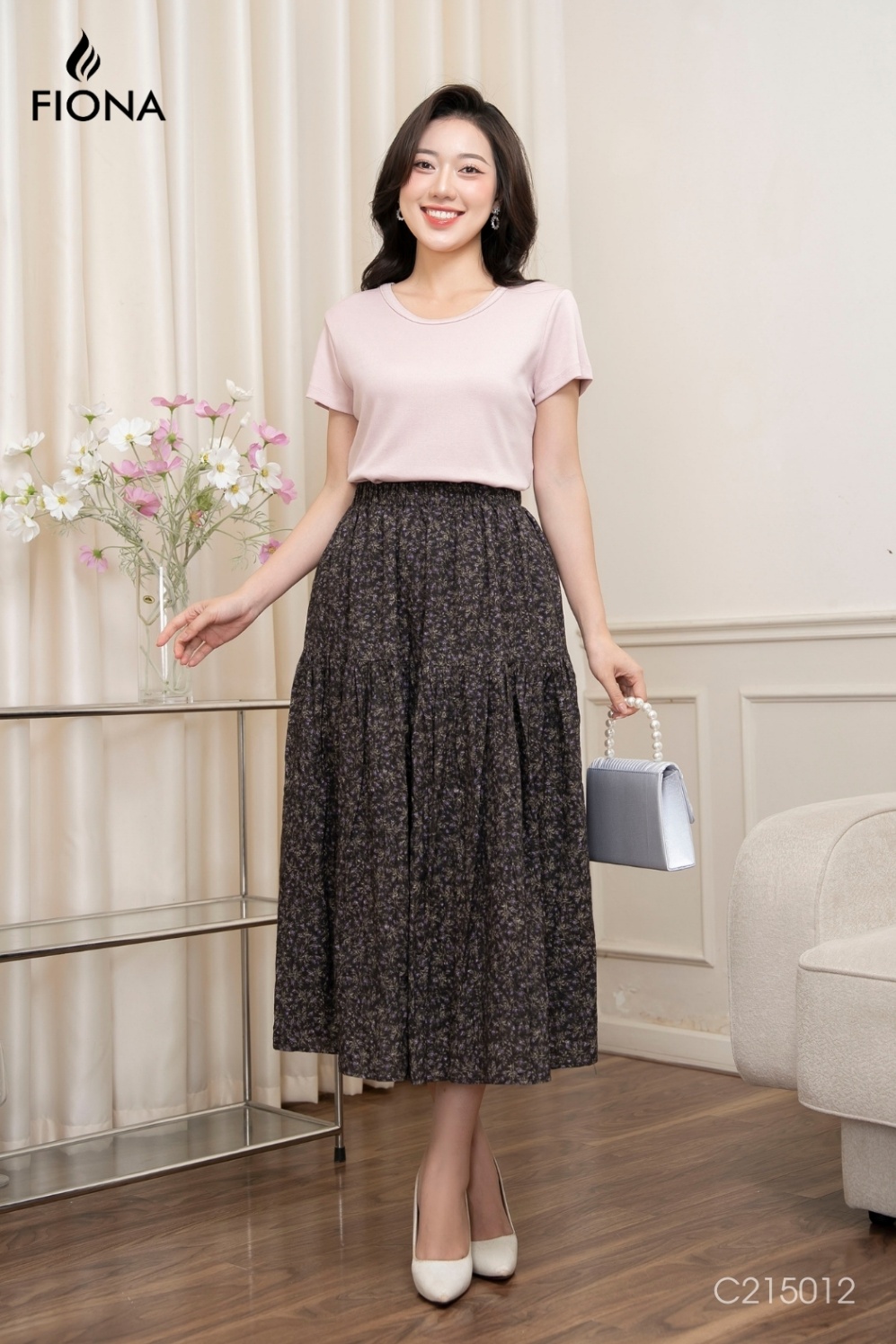 Chân váy hoa nhí dáng xòe, cạp chun, Freesize