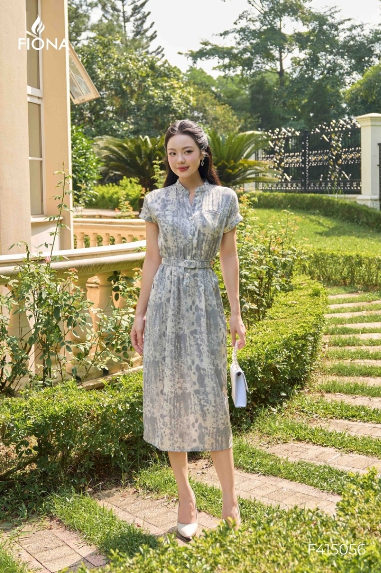 Đầm dáng suông, vải Linen hoa, kèm thắt lưng rời vải chính