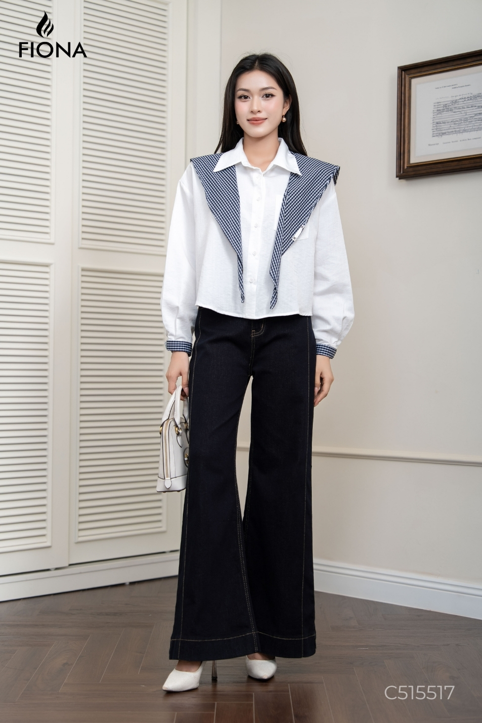 Áo sơ mi dáng suông, vải linen, phối khăn kẻ rời, Freesize