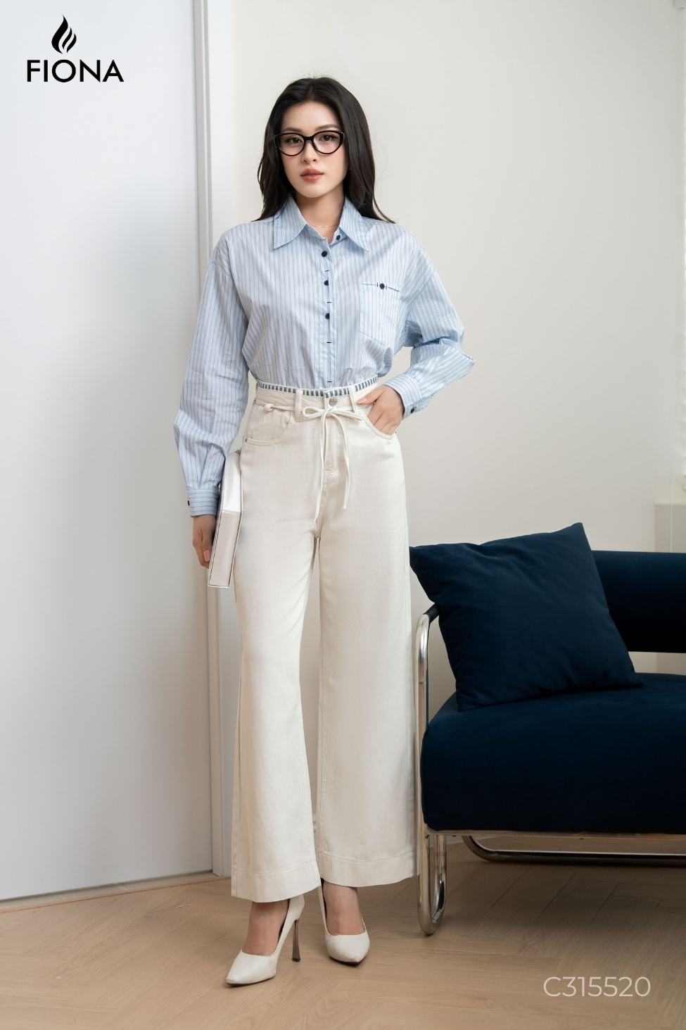 Quần bò dáng suông, cạp phối trang trí, dây lưng rời