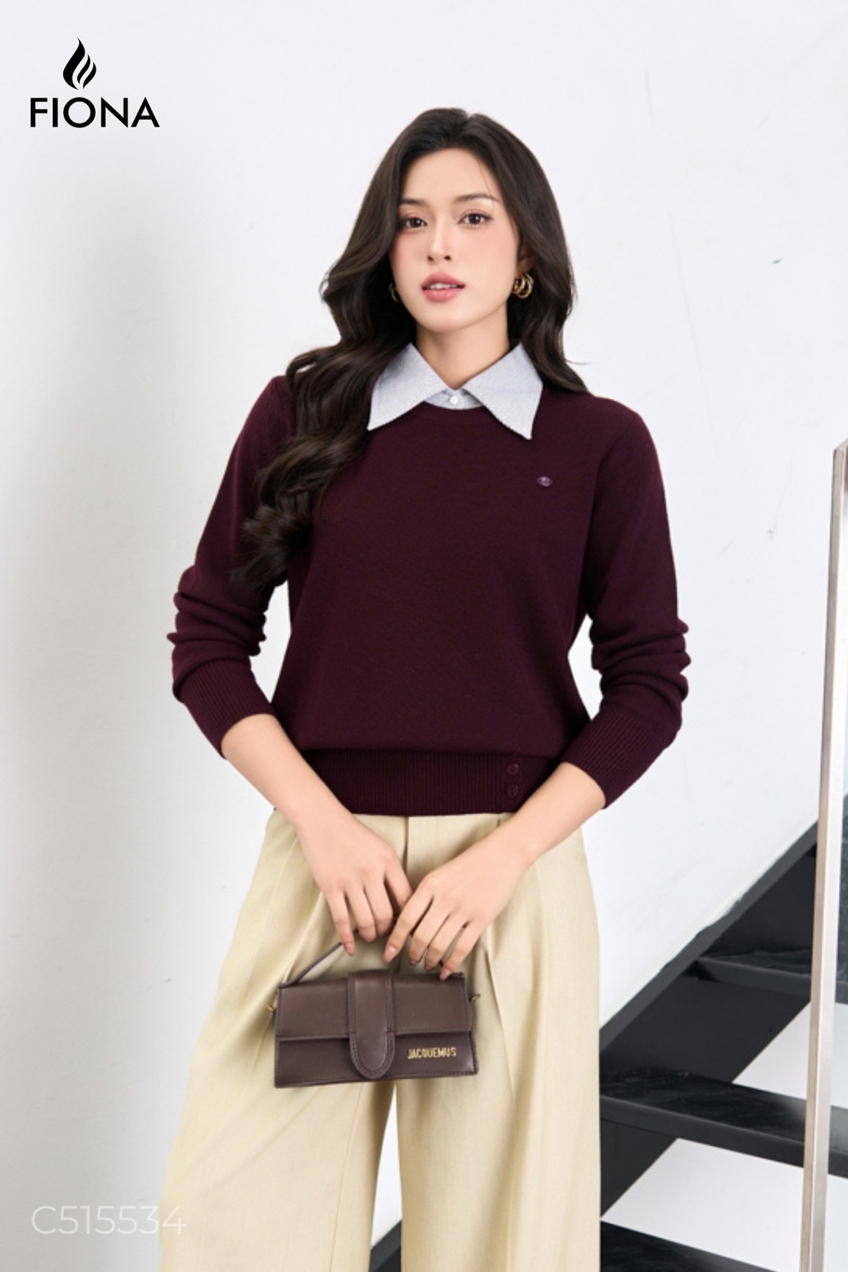 Áo len nữ chất viscose, dáng bo gấu, cổ phối kẻ tháo rời, Freesize