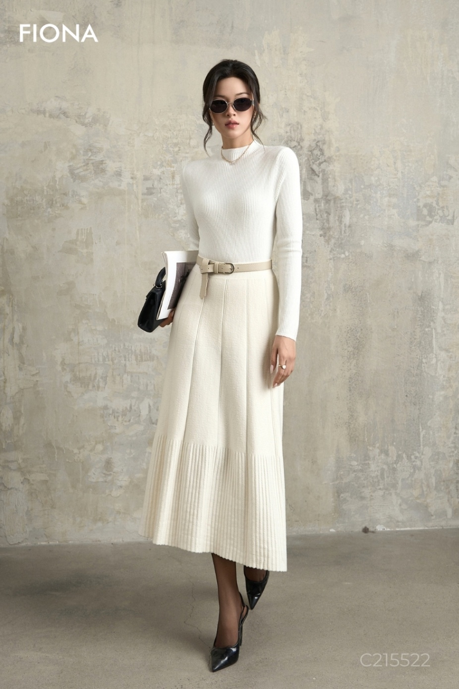 Chân váy len chất viscose, dáng xòe, đố dệt dọc gấu, cạp chun, Freesize