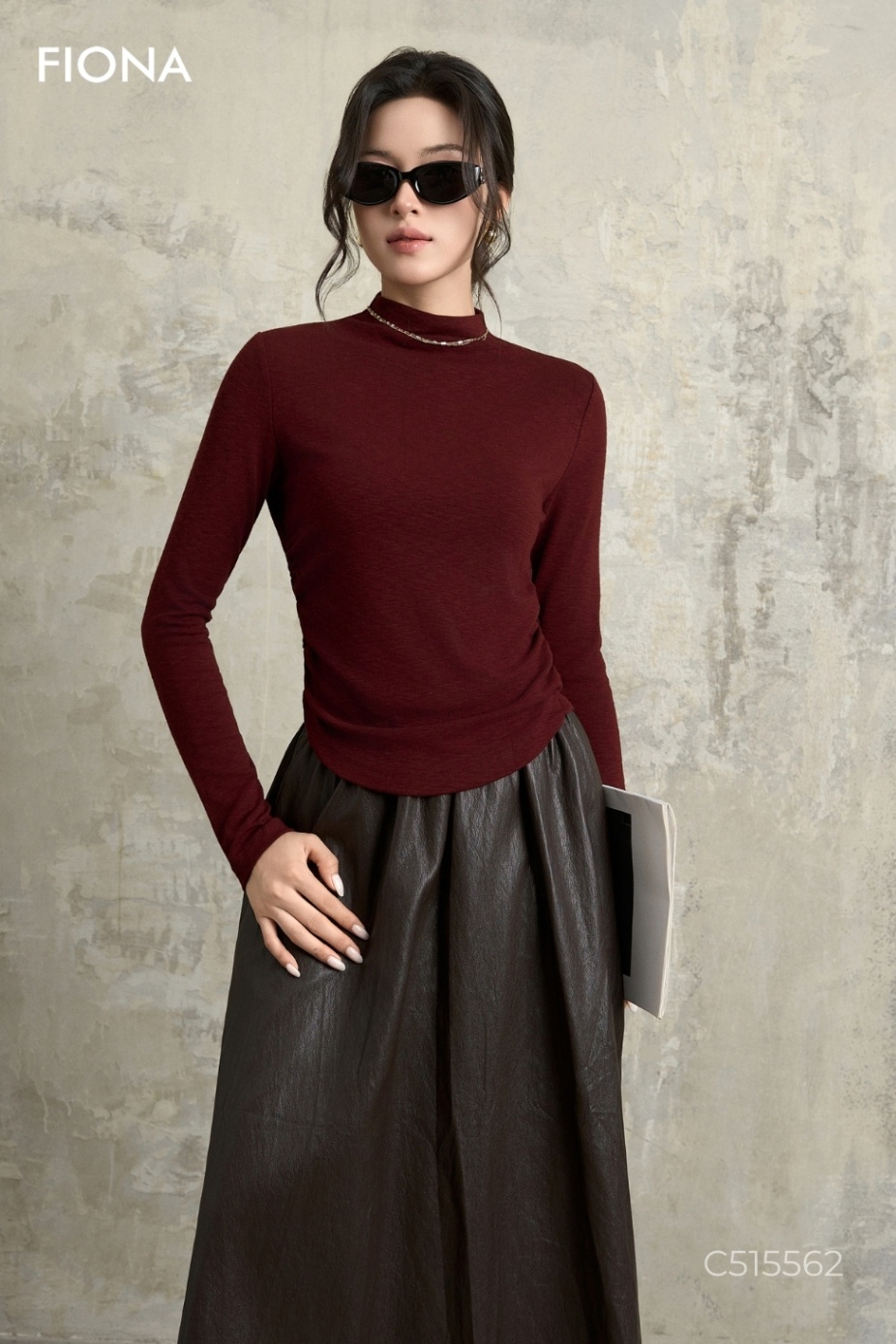 Áo cotton dáng ôm, cổ leo, rút dúm hai bên sườn, Freesize