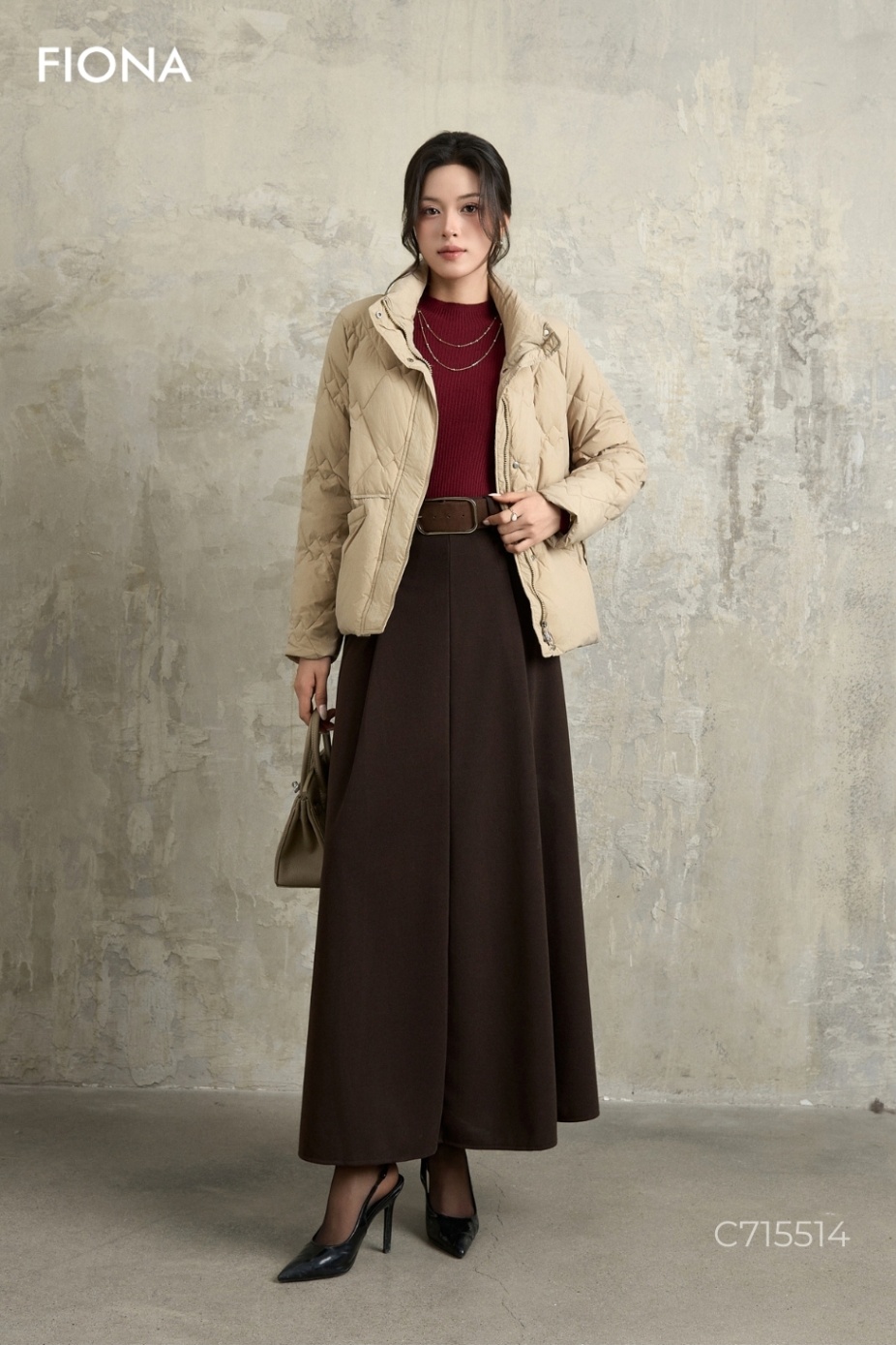 Áo khoác phao lông vũ dáng suông, dệt trần trám