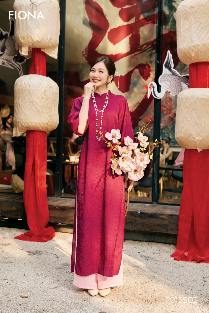 Áo dài dáng suông, vải hoa lụa, tay loe (Mix quần F314015 hoặc F313504)