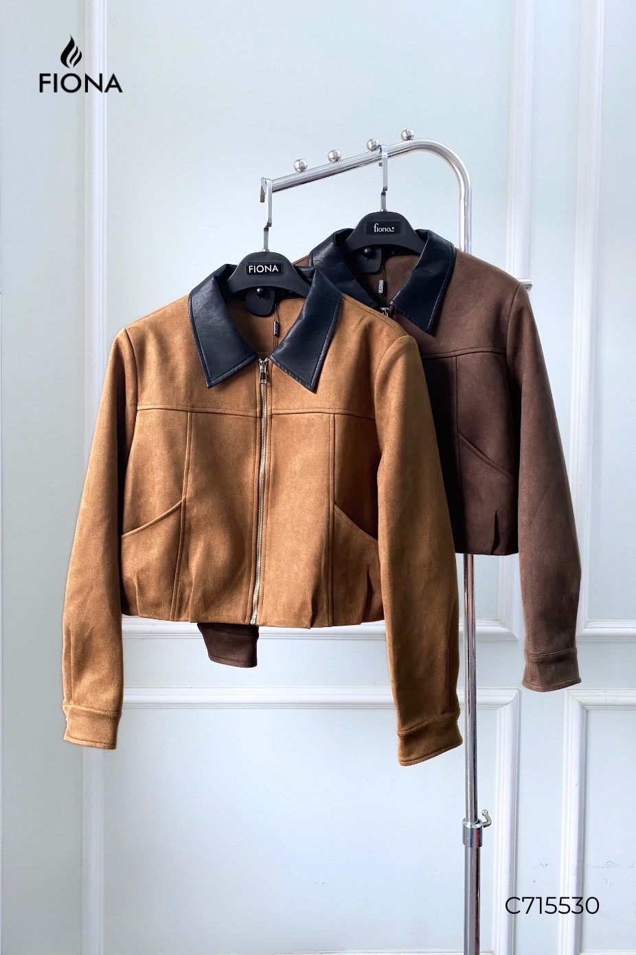 Áo khoác da lộn, cổ phối, kéo khóa thân trước