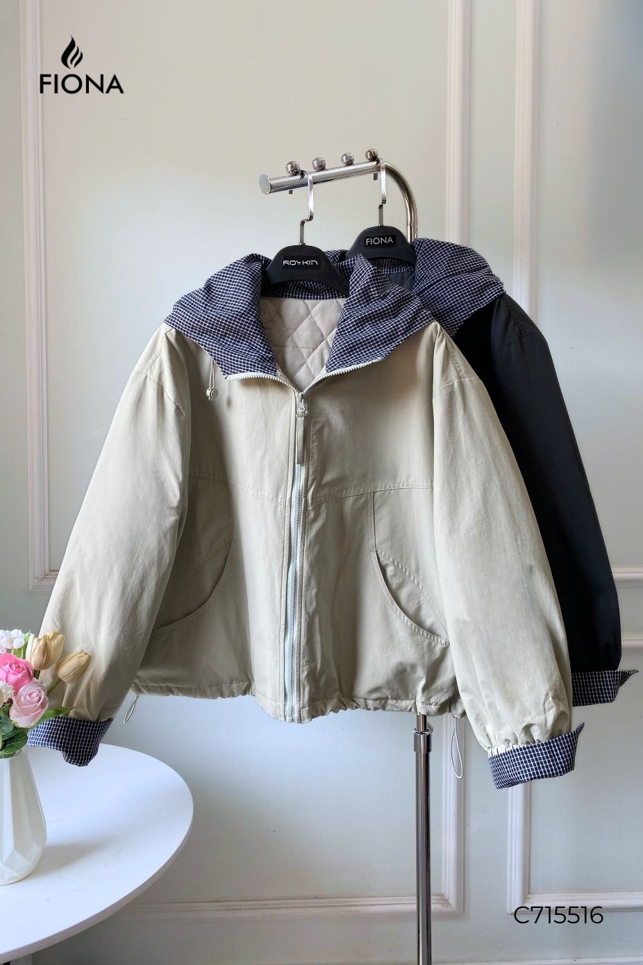 Áo khoác gió, lót trần bông, có mũ liền thân, phối kẻ, Freesize