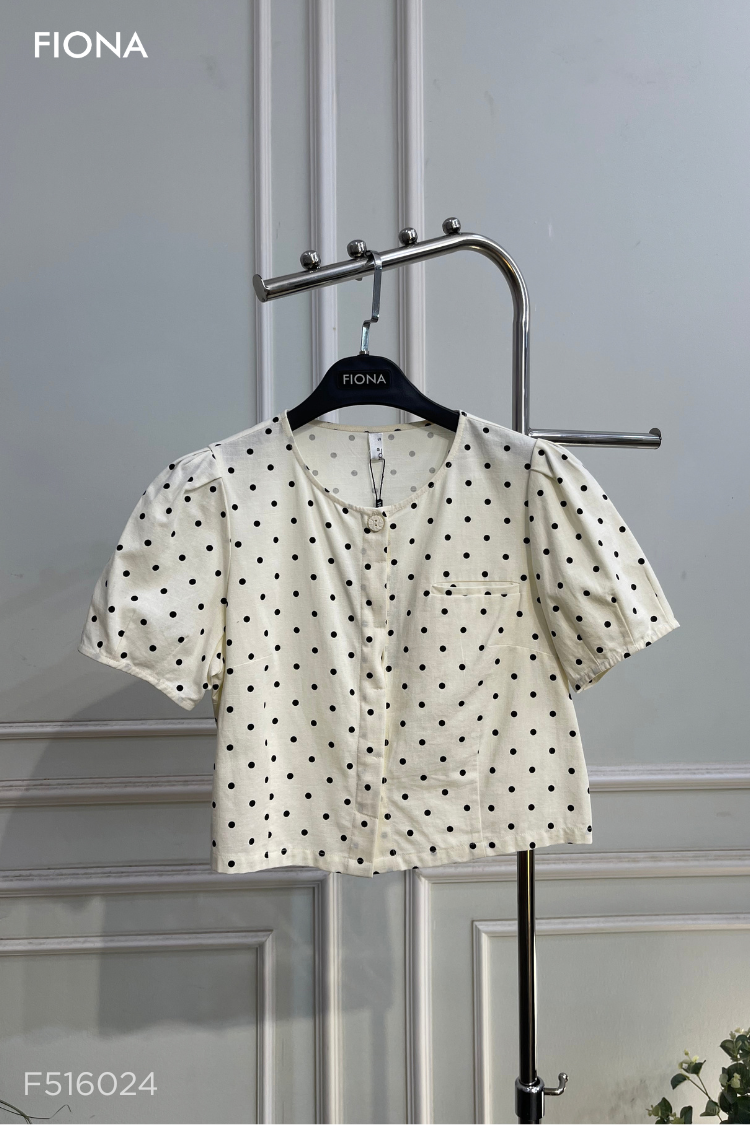 Áo sơ mi chấm bi vải Linen, cổ tròn