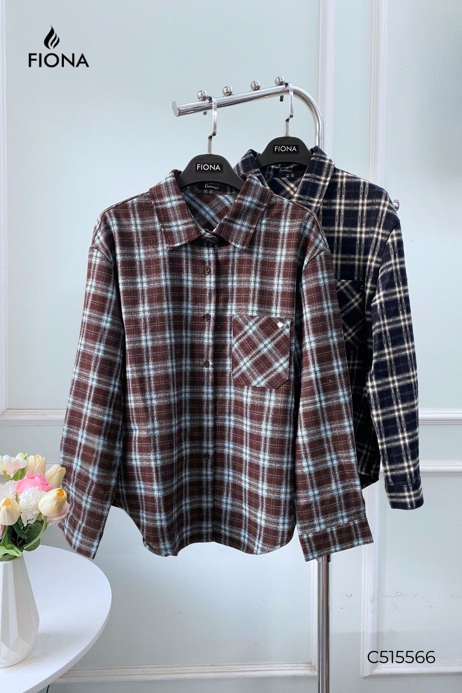 Áo sơ mi dạ mỏng, vải kẻ, dáng suông, Freesize