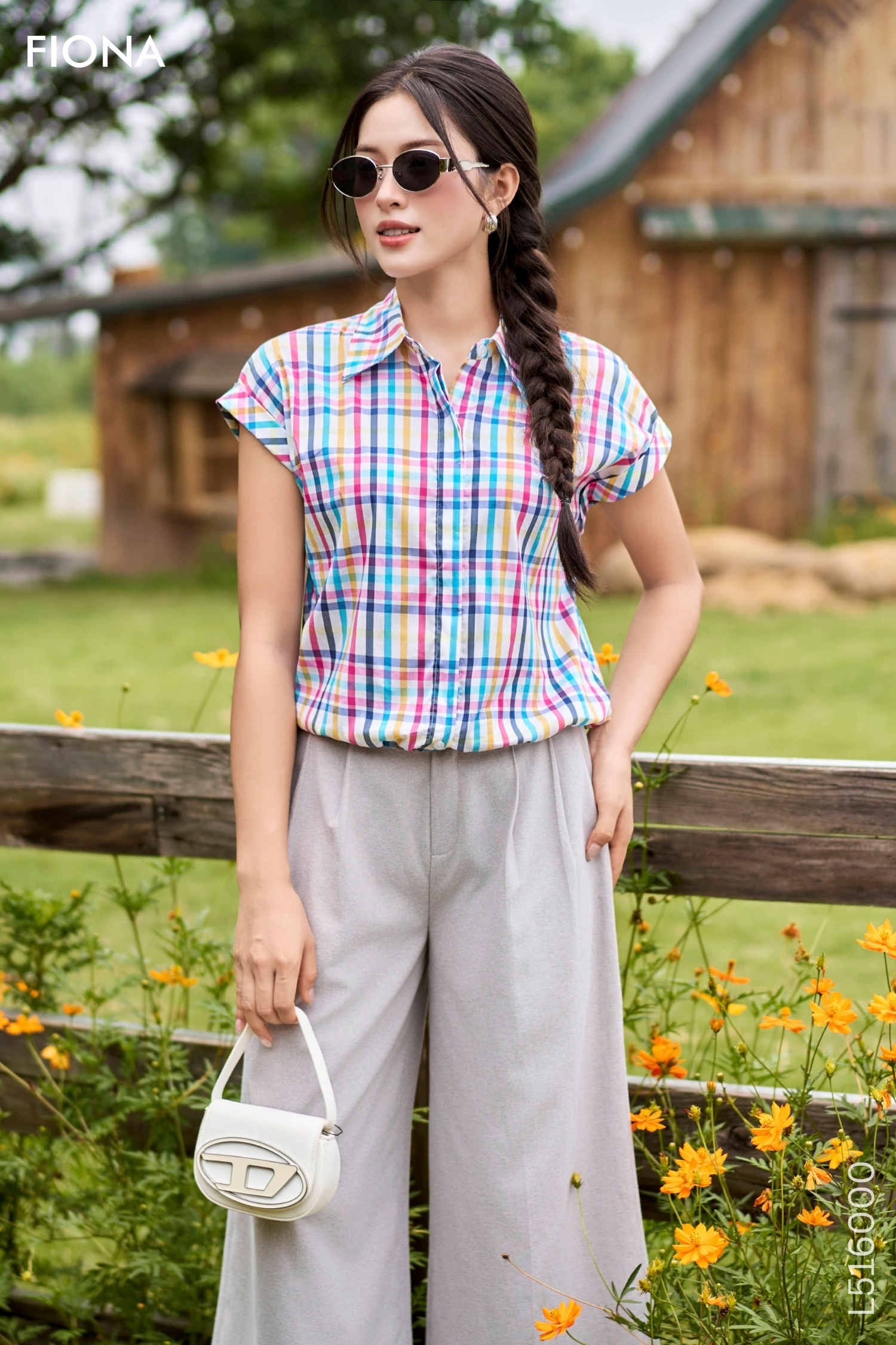 Áo sơ mi kẻ dáng bo, dây rút gấu, cổ đức