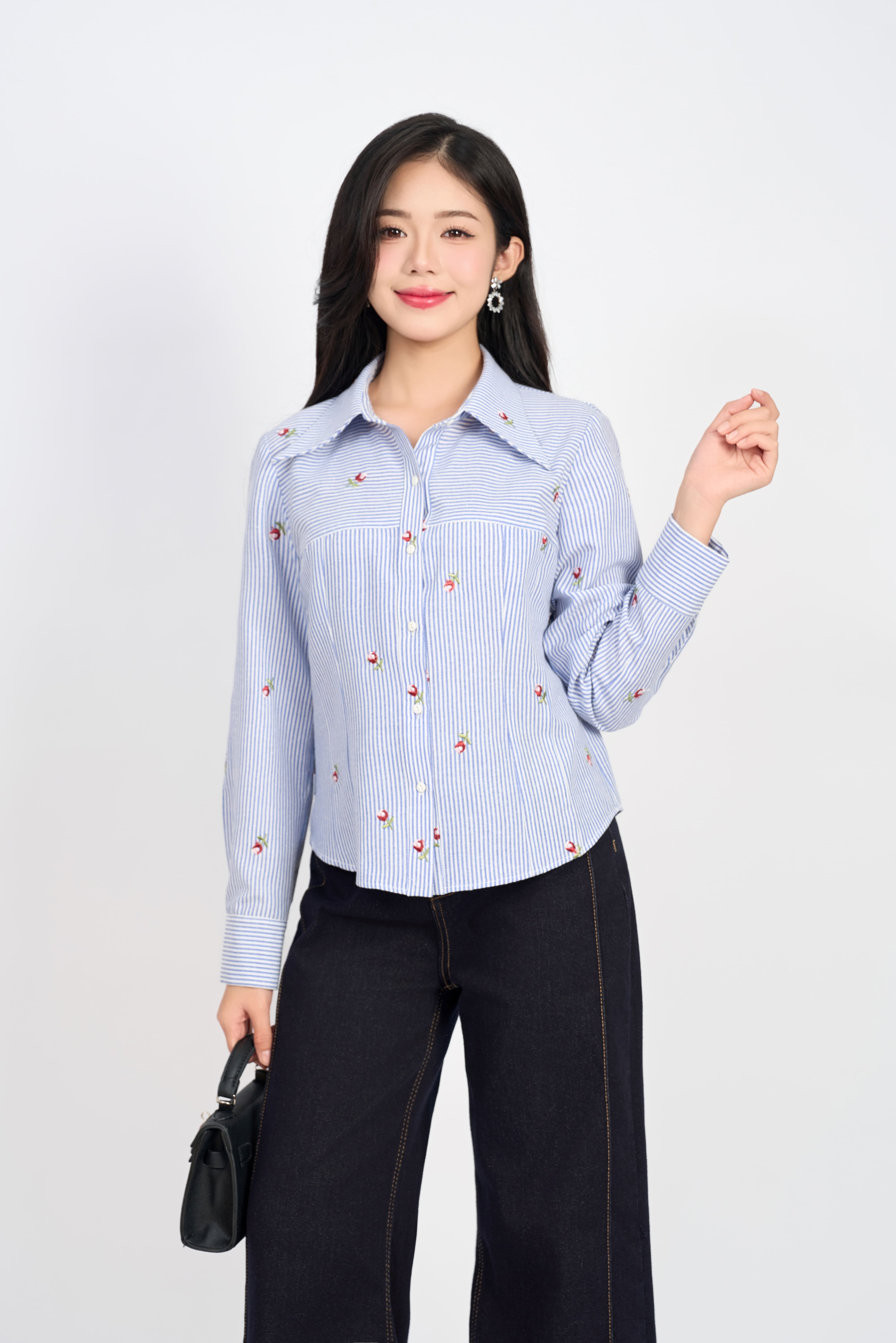 Áo sơ mi kẻ dáng suông, cổ đức, dài tay, chất liệu thô Hàn