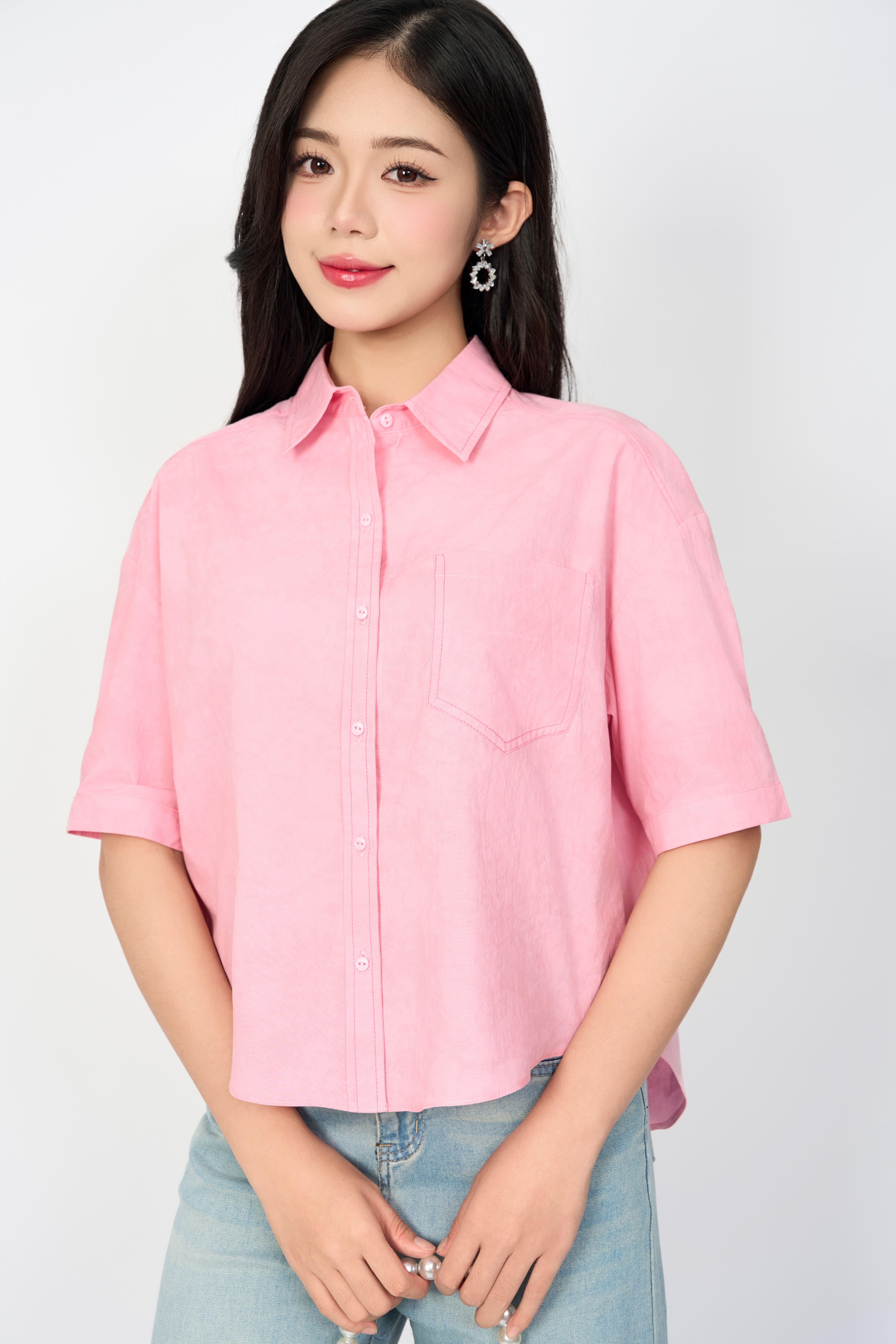 Áo sơ mi loang dáng suông, diễu chỉ trang trí, cổ đức