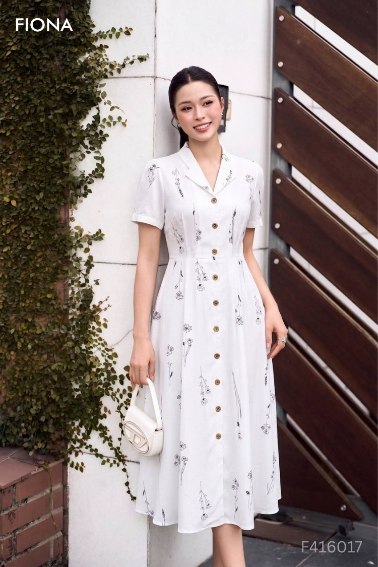 Đầm dáng xòe vải hoa Linen, cổ cách điệu, tay ngắn