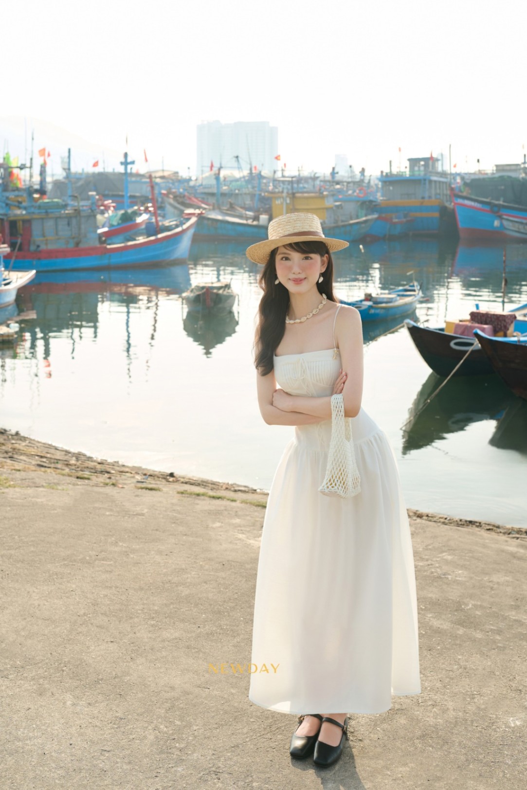 ĐẦM 2 DÂY DÀI CHIẾT EO MAY - TRẮNG - S