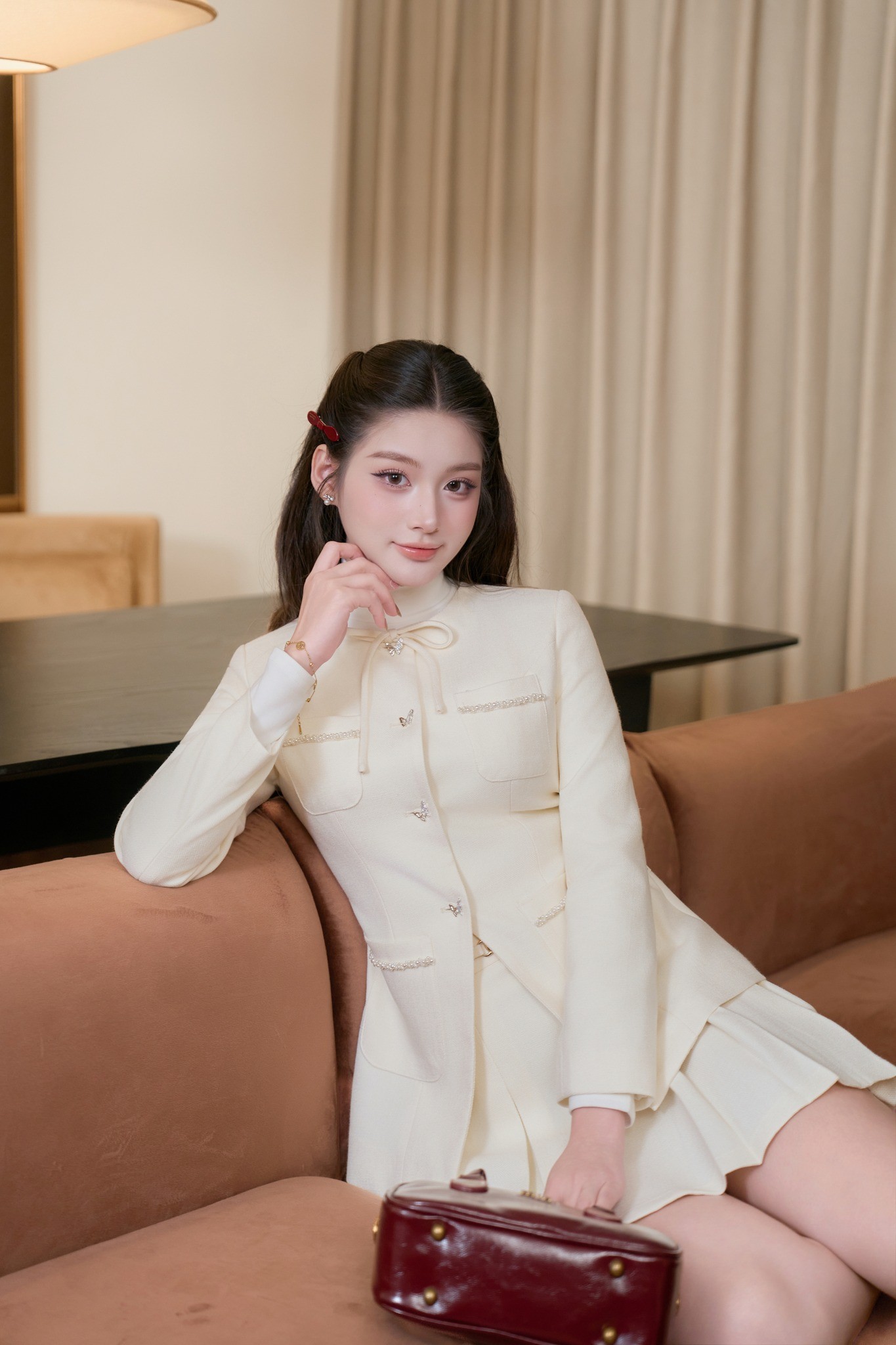 ÁO DẠ TWEED CHIẾT EO PHỐI NƠ SANA