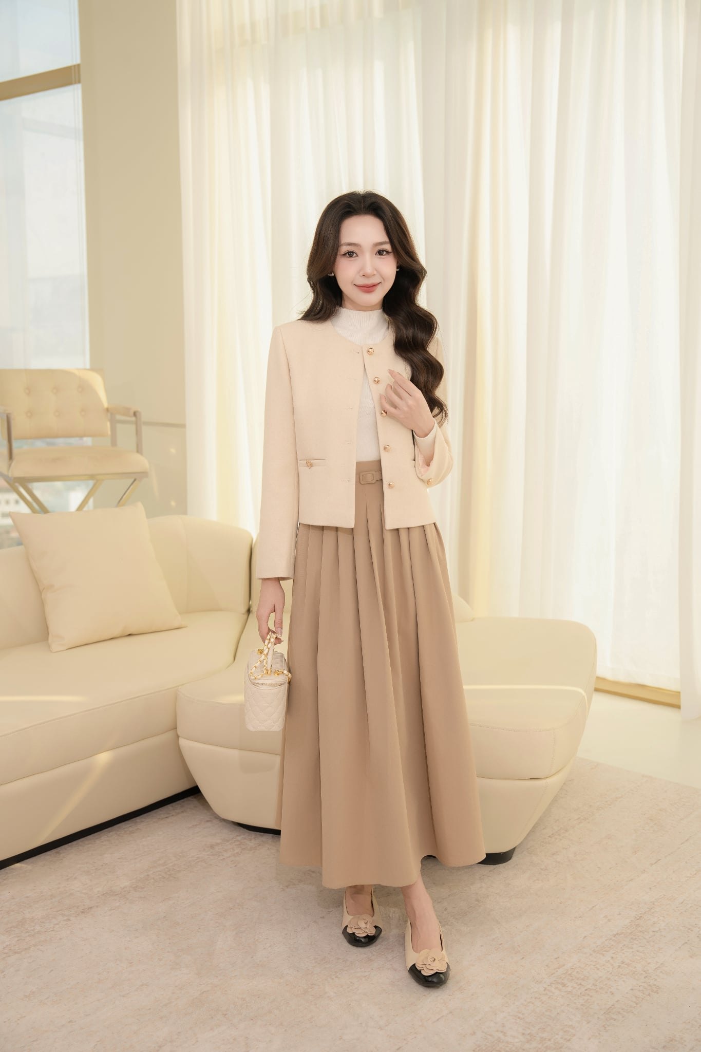 CHÂN VÁY DÀI XẾP LY KÈM ĐAI COLM