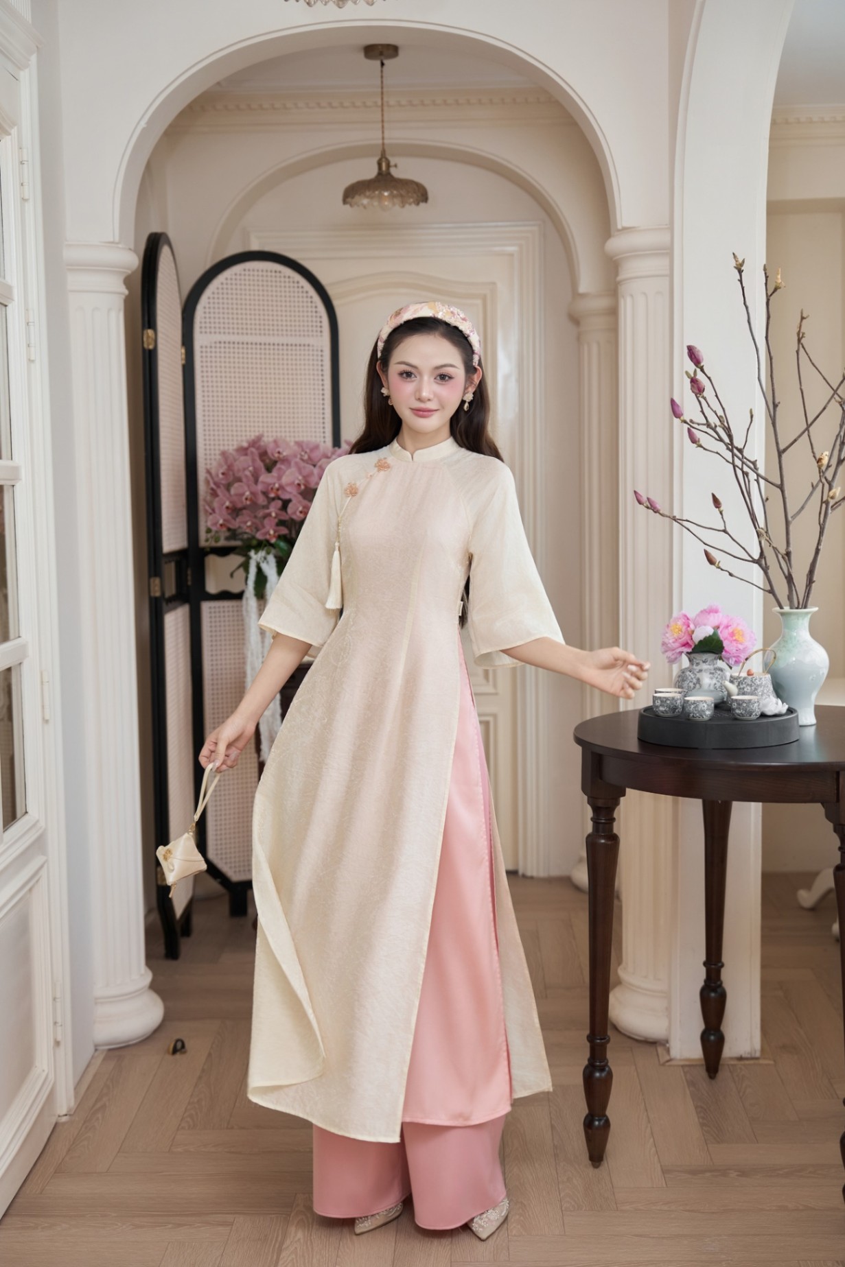 ÁO DÀI TƠ ÁNH TAY LỠ THIỀU HOA