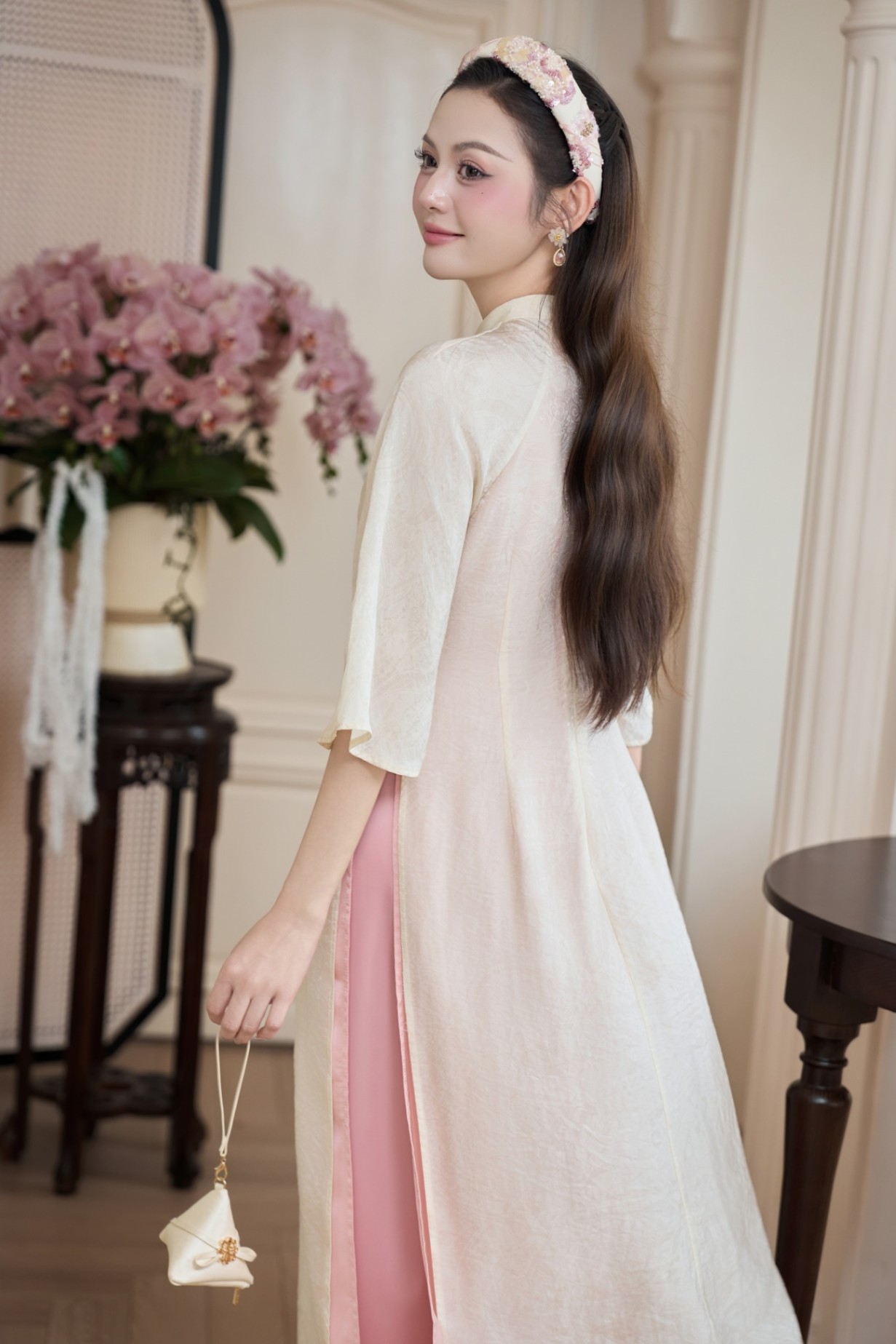ÁO DÀI TƠ ÁNH TAY LỠ THIỀU HOA
