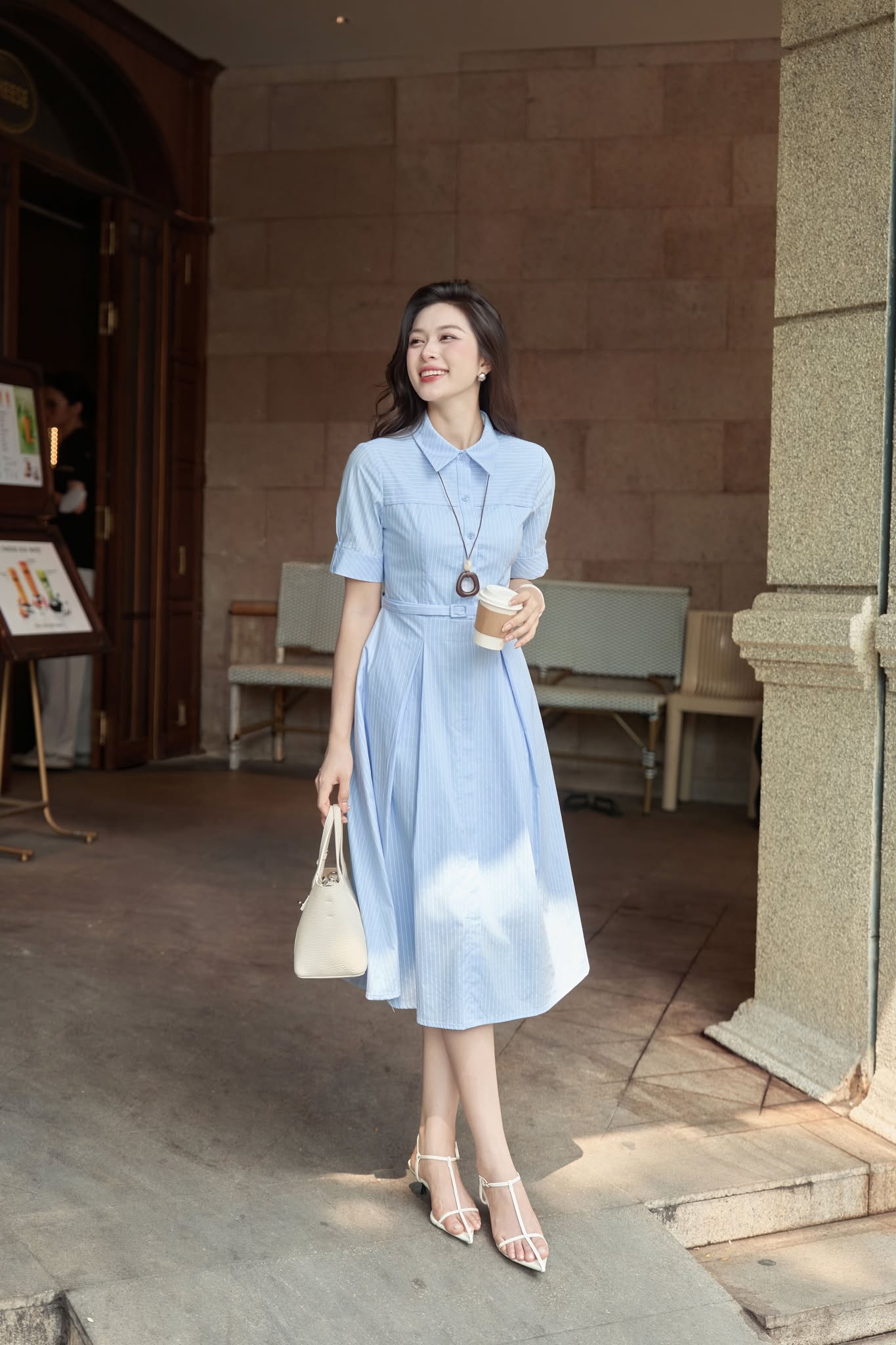 ĐẦM SƠ MI KẺ KÈM ĐAI CAMI