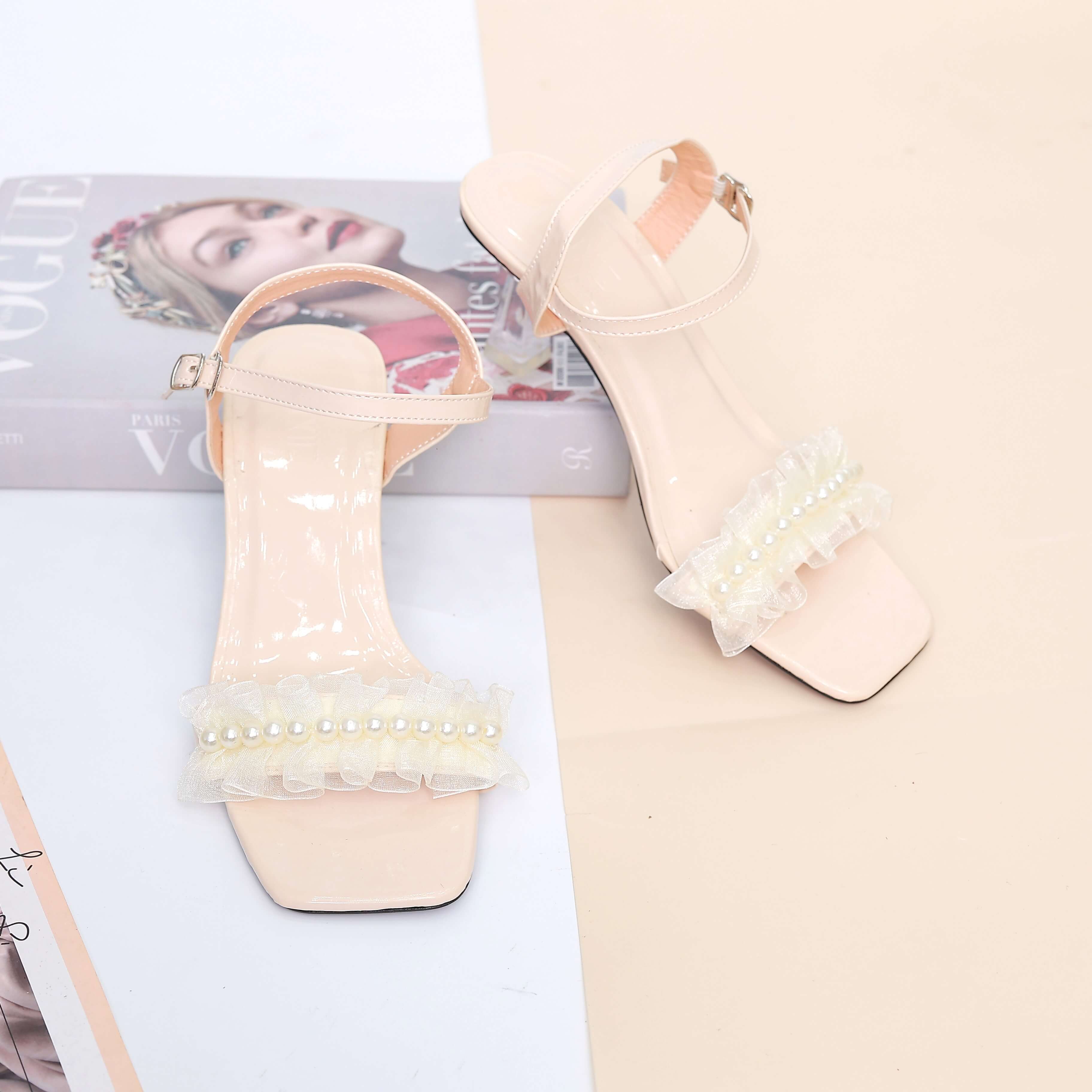 Giày Sandal Cao Gót 7cm Quai Đính Hạt Phối Lưới Thời Trang E022