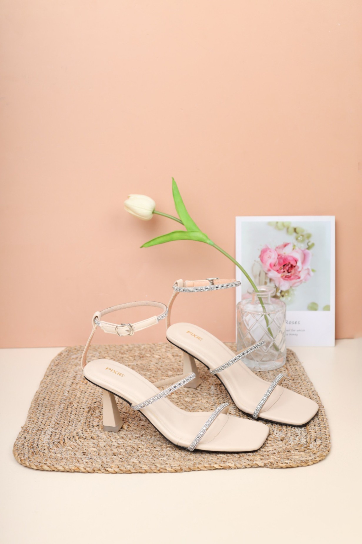 Giày Giày Sandal Cao Gót 8cm Hai Quai Đính Đá H291