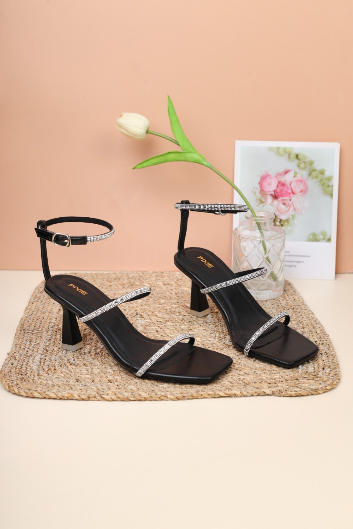 Giày Giày Sandal Cao Gót 8cm Hai Quai Đính Đá H291