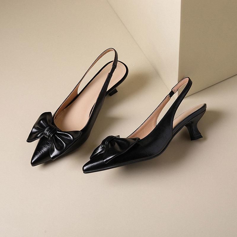 Giày Cao Gót Slingback 5cm Mũi Nhọn Phối Nơ H344