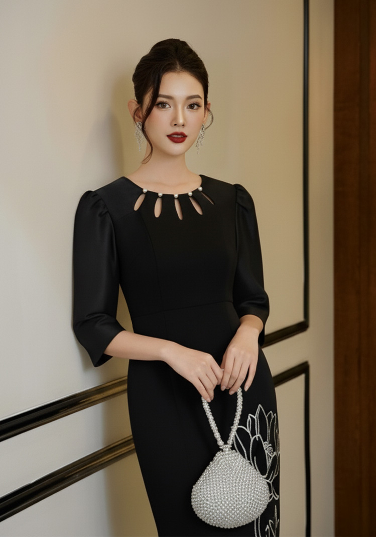 Đầm cổ tròn thêu hoa
