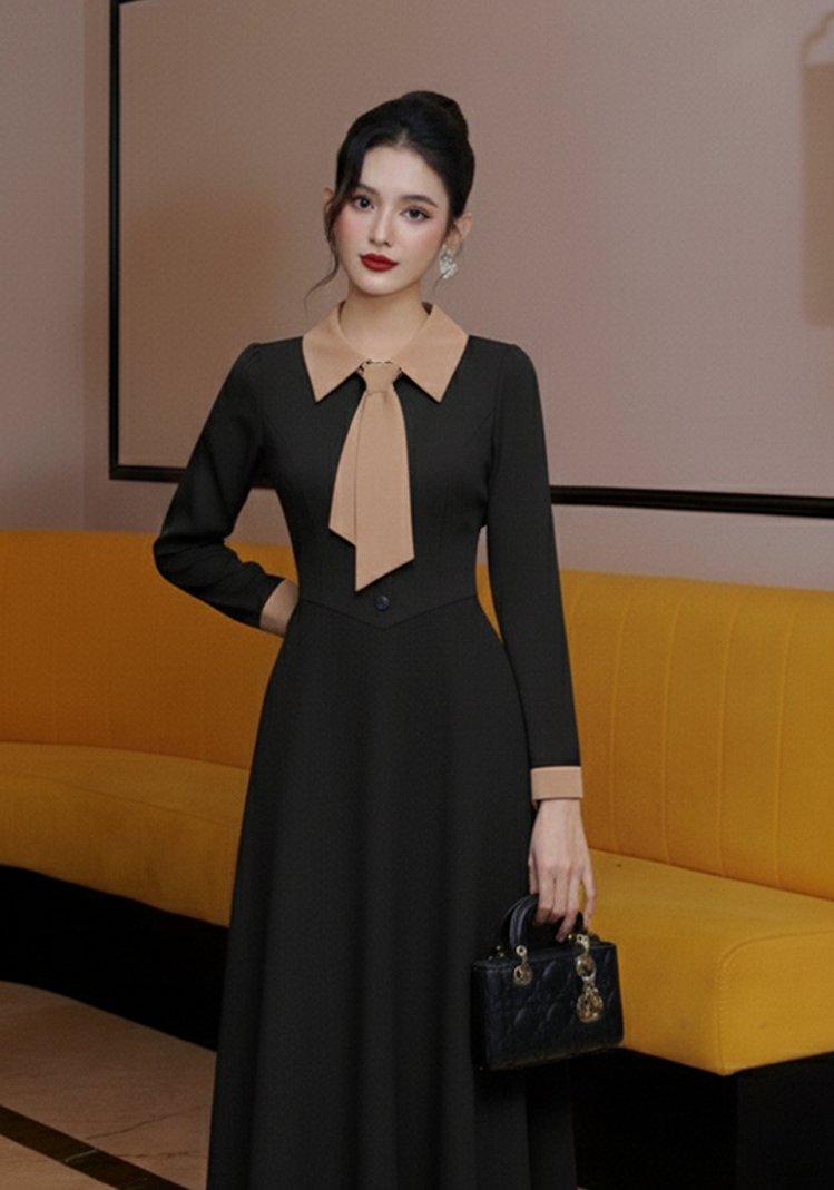 Đầm dài tay phối cổ