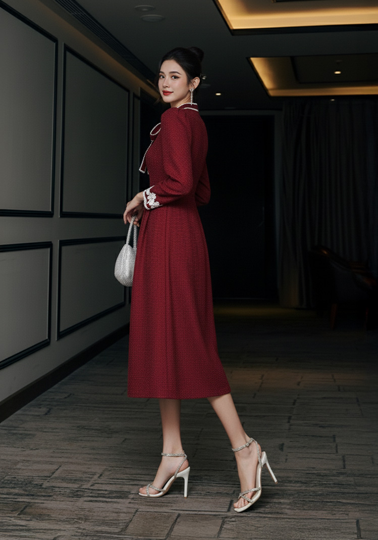 Đầm xếp ly cổ nơ