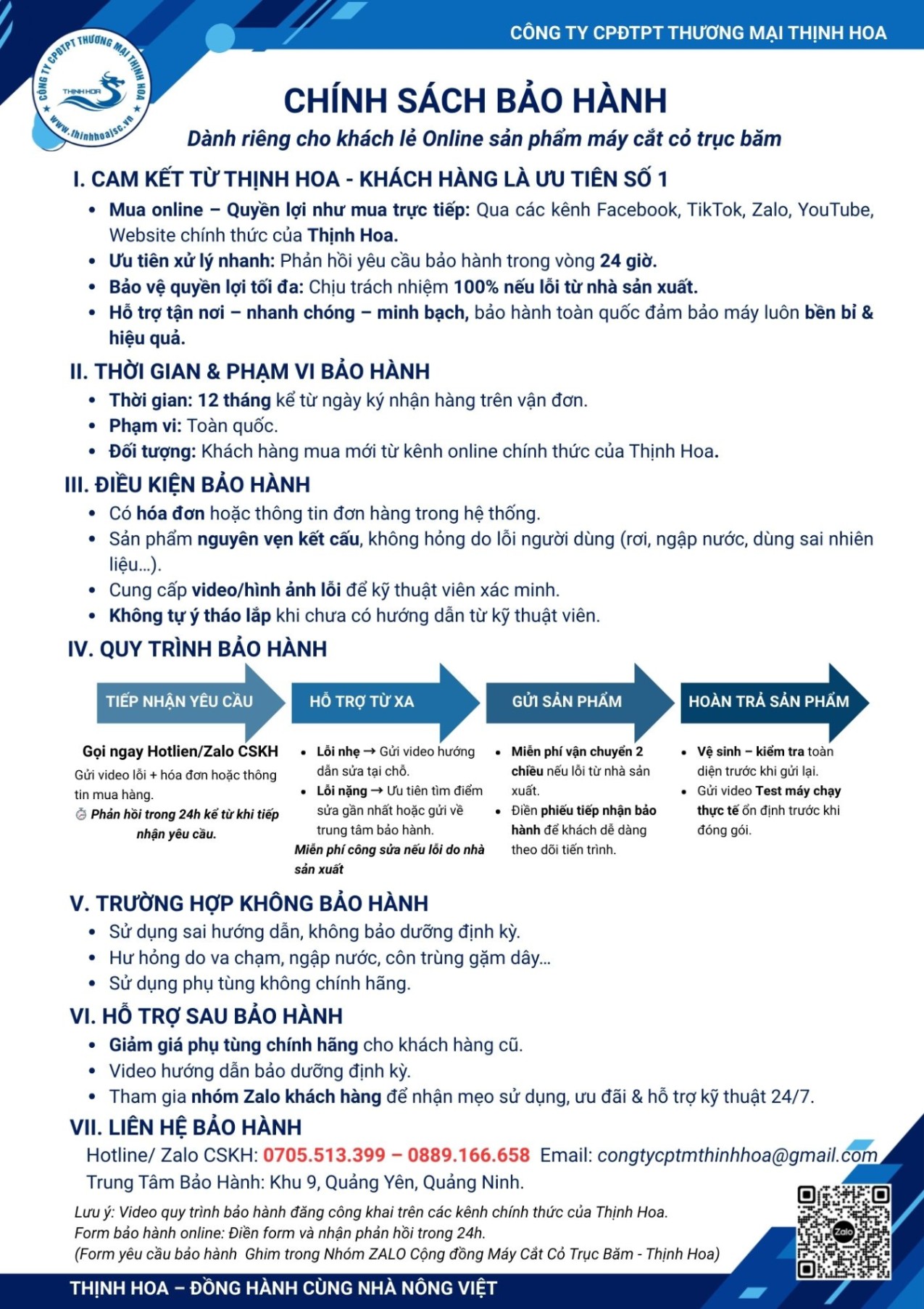 Chính Sách Bảo Hành Online Dành Riêng Cho Khách Lẻ Online Sản Phẩm Máy Cắt Cỏ Trục Băm– Mua Hàng An Tâm Cùng Thịnh Hoa