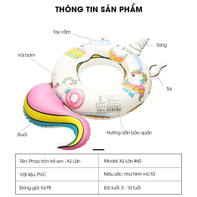 Phao bơi tròn trẻ em dễ thương Kỳ Lân DJS-98 60cm