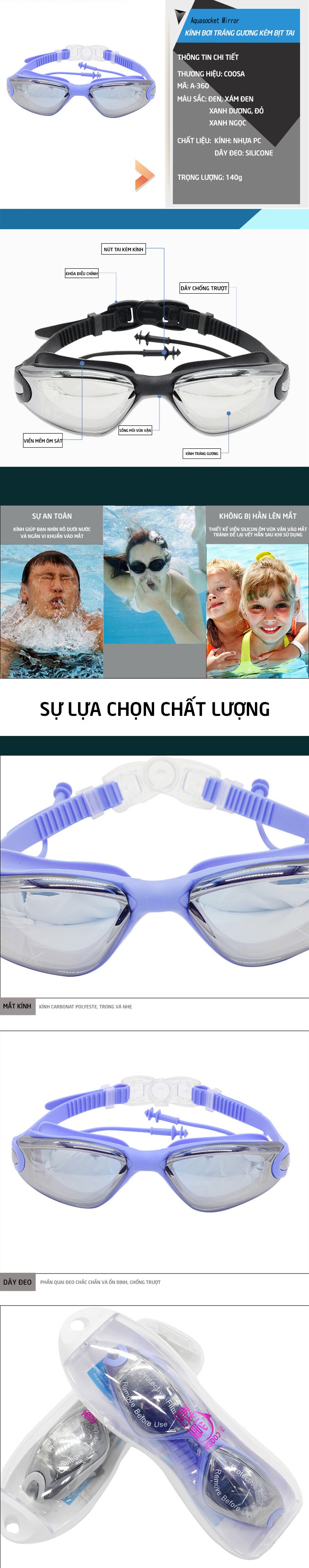 Kính bơi người lớn CS A-360 tráng gương, chống tia UV, chống sương mờ