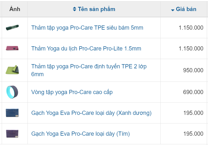 Bảng giá ProCare - Thảm tập Vòng tập Gạch tập Yoga