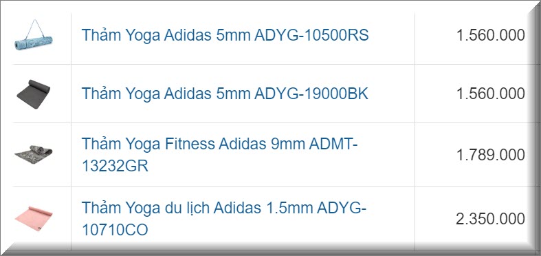 Bảng giá thảm tập yoga Adidas chính hãng