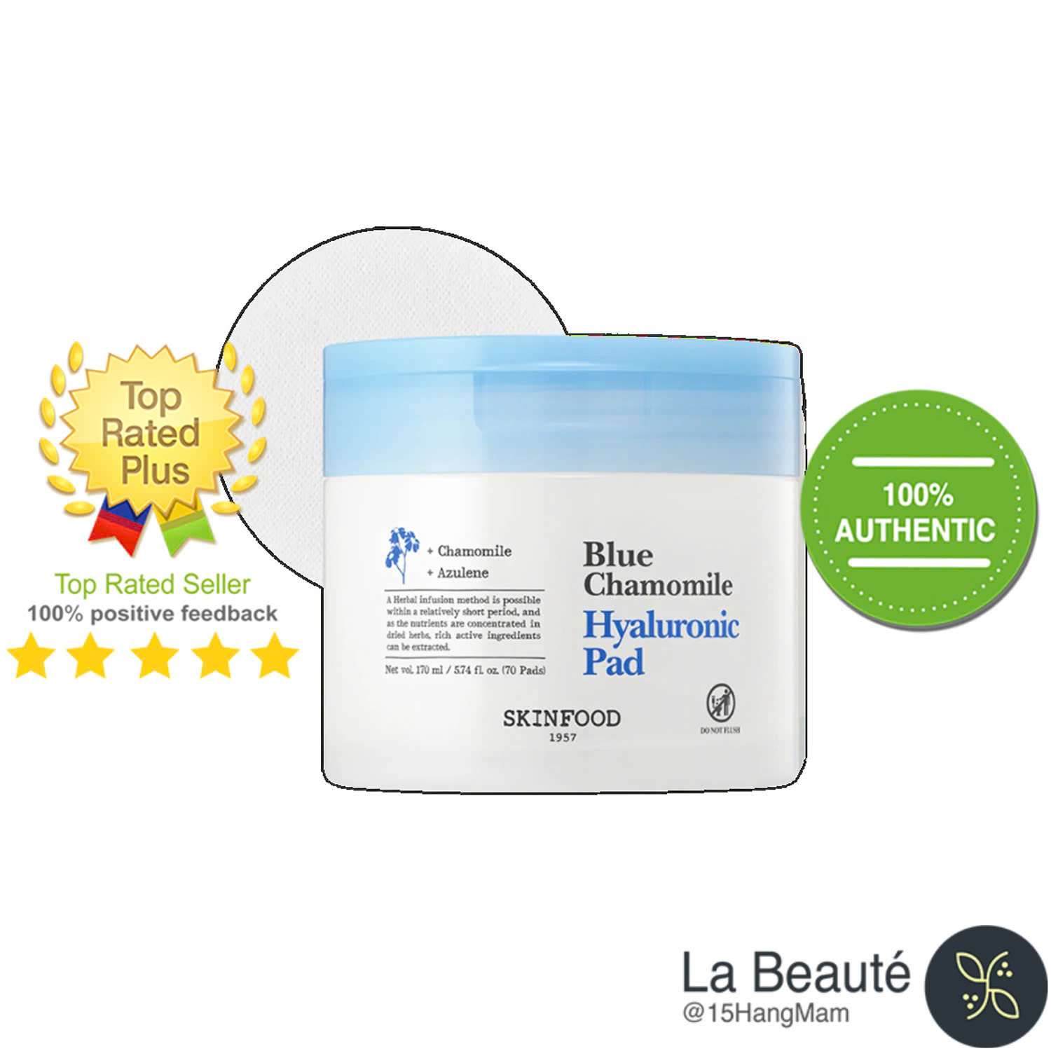 Skinfood Blue Chamomile Hyaluronic Pad - 70 miếng - Cúc La Mã Giữ Ẩm Mạnh Mẽ