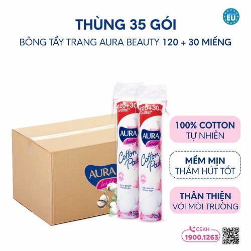 Thùng 35 gói bông tẩy trang Aura Beauty 120+30 miếng (ICOT9079)