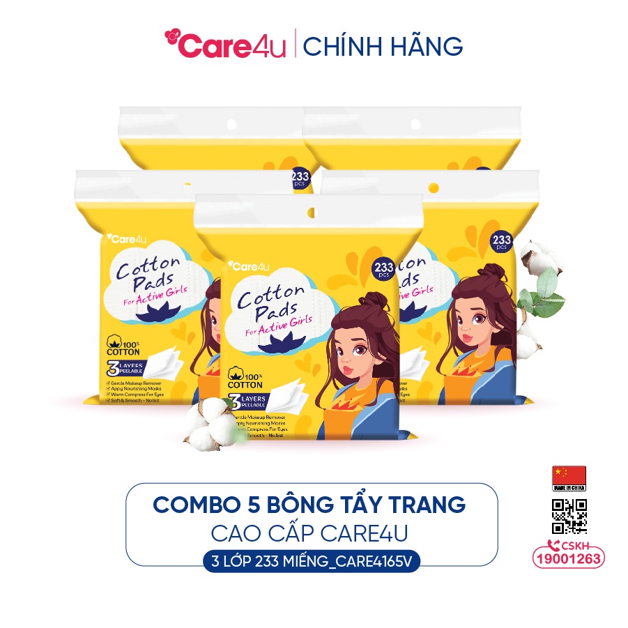 Combo 5 Bông tẩy trang cao cấp Care4u 3 lớp 233 miếng_CARE4165V