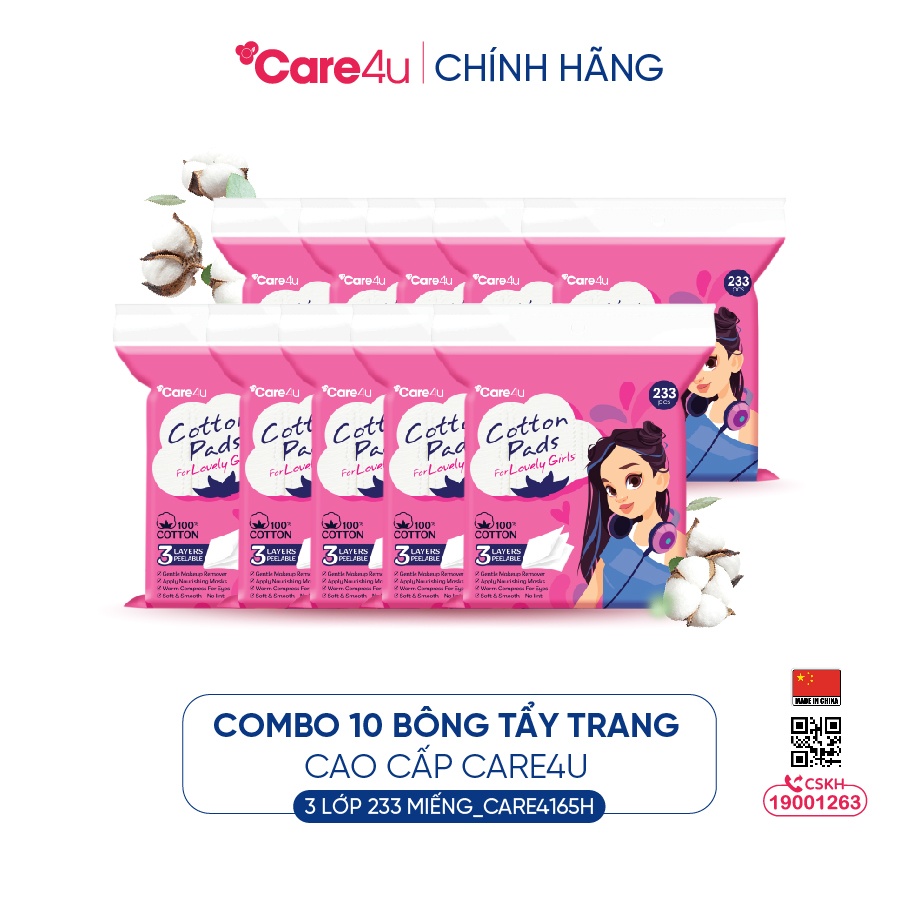 Combo 10 Bông tẩy trang cao cấp Care4u 3 lớp 233 miếng_CARE4165H