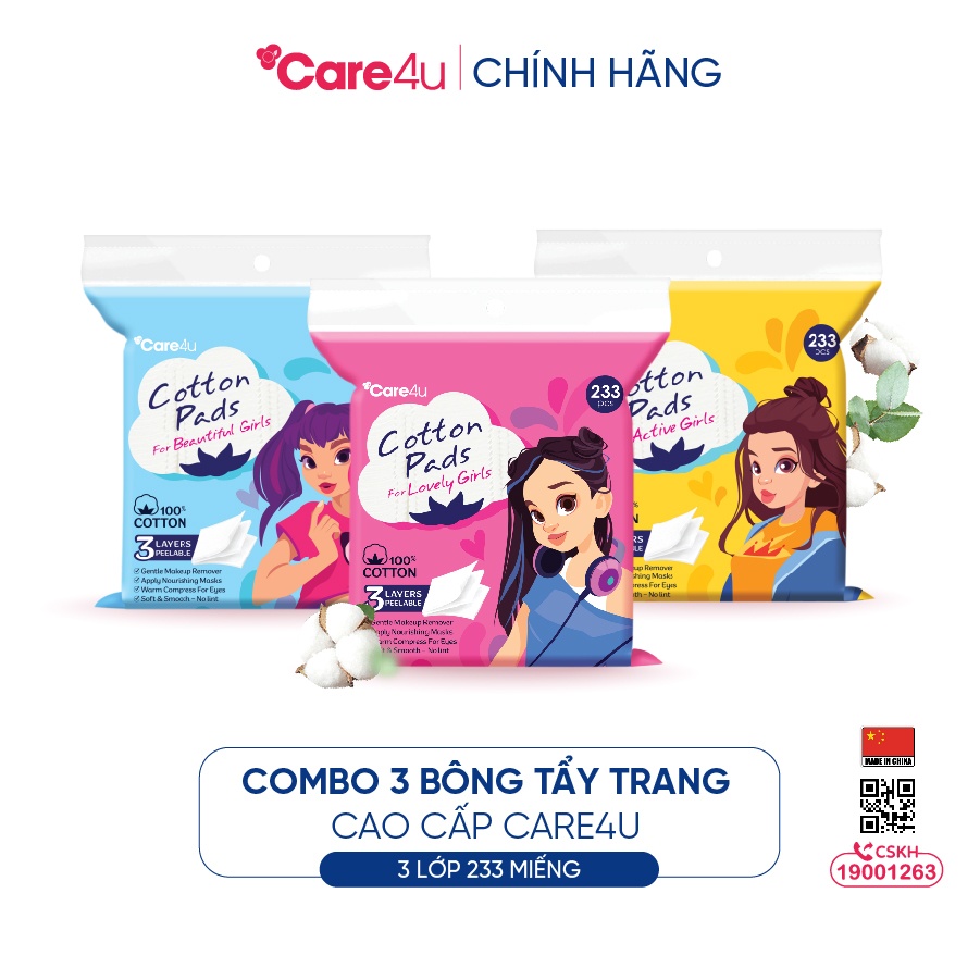 Combo 3 Bông tẩy trang cao cấp Care4u 3 lớp 233 miếng