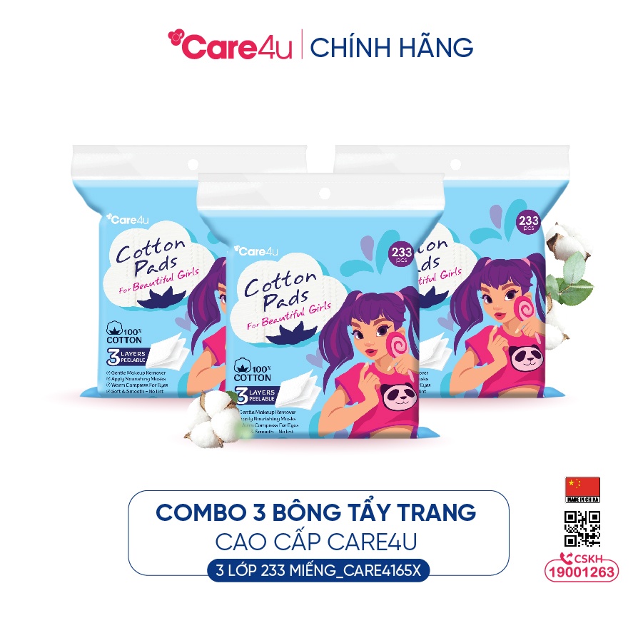 Combo 3 Bông tẩy trang cao cấp Care4u 3 lớp 233 miếng_CARE4165X