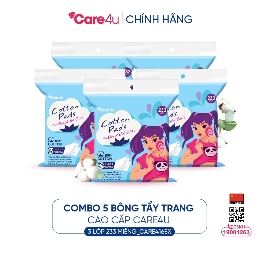 Combo 5 Bông tẩy trang cao cấp Care4u 3 lớp 233 miếng_CARE4165X